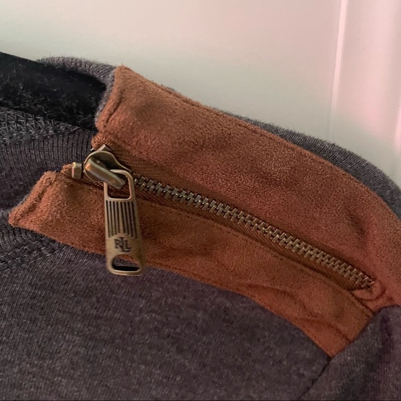 Ralph Lauren gray shirt with brown elbow pads and zipper shoulder detail - Picture 3 of 5